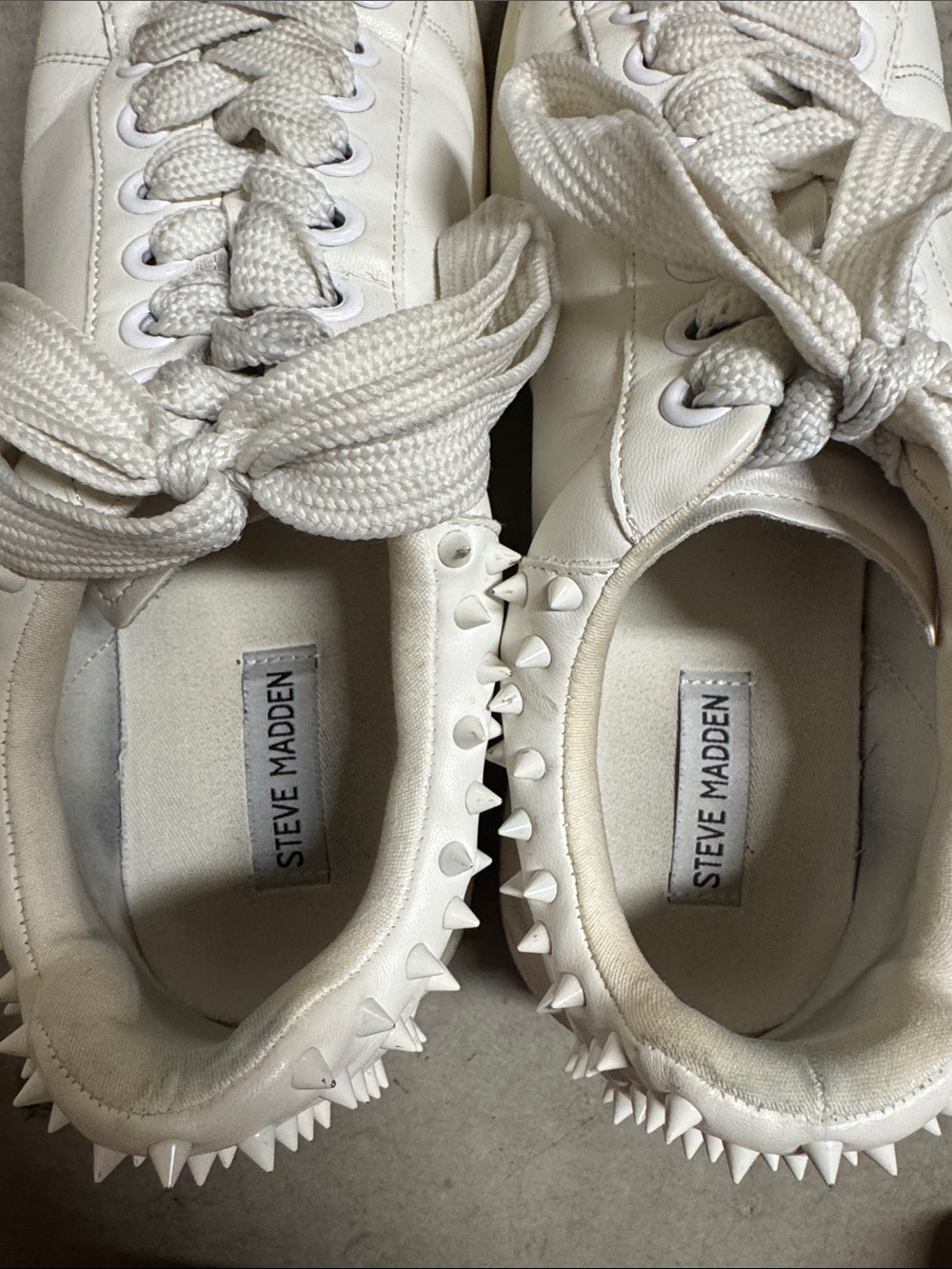 Steve Madden White Leather Lace-Up Sneakers with Spiked Heel Trim - Picture 2 of 5